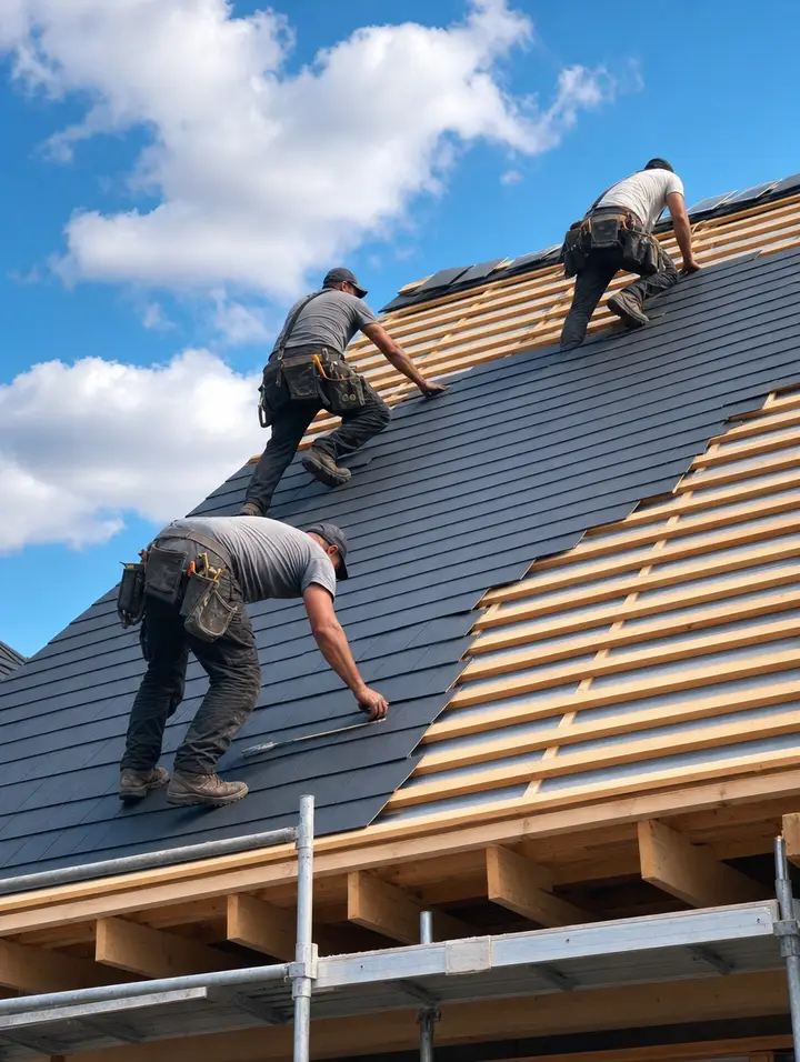 Roofer working beside a brick chimney on an open roof frame
