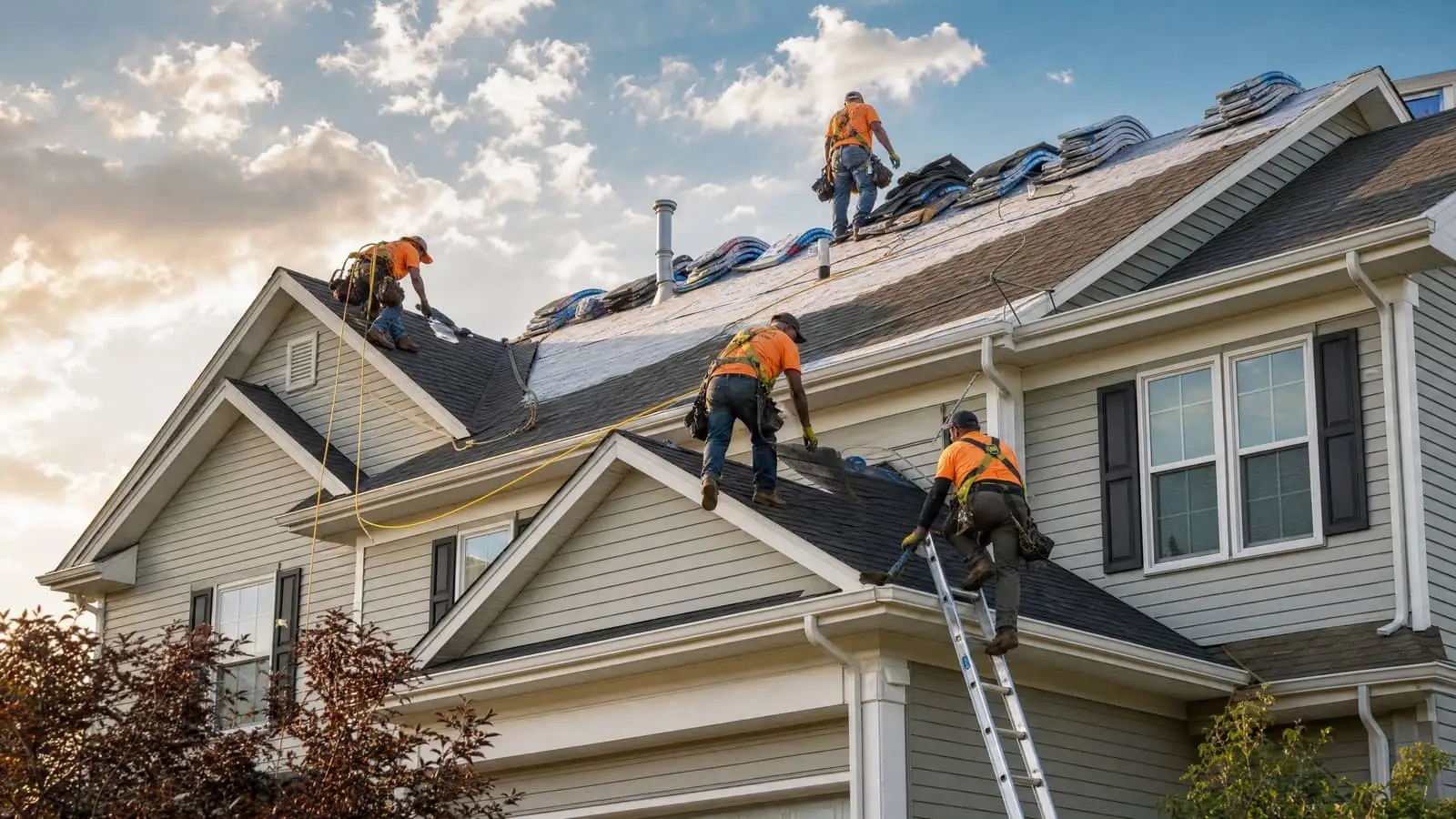 Roofer securing tiles on a residential roof