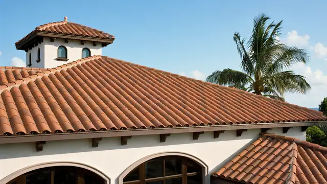 Worker laying clay roof tiles